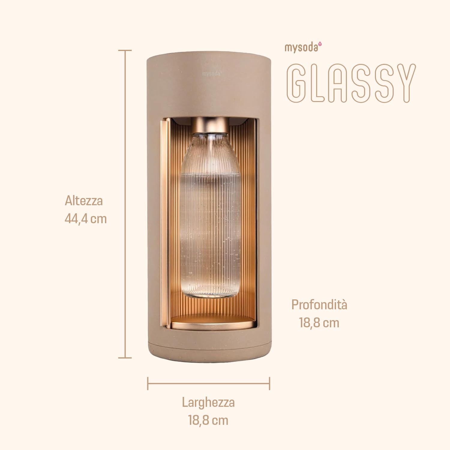 Mysoda Glassy - Gasatore d’acqua per l’acqua frizzante con bottiglia in vetro (senza bombola di CO2) - Beige (latte)