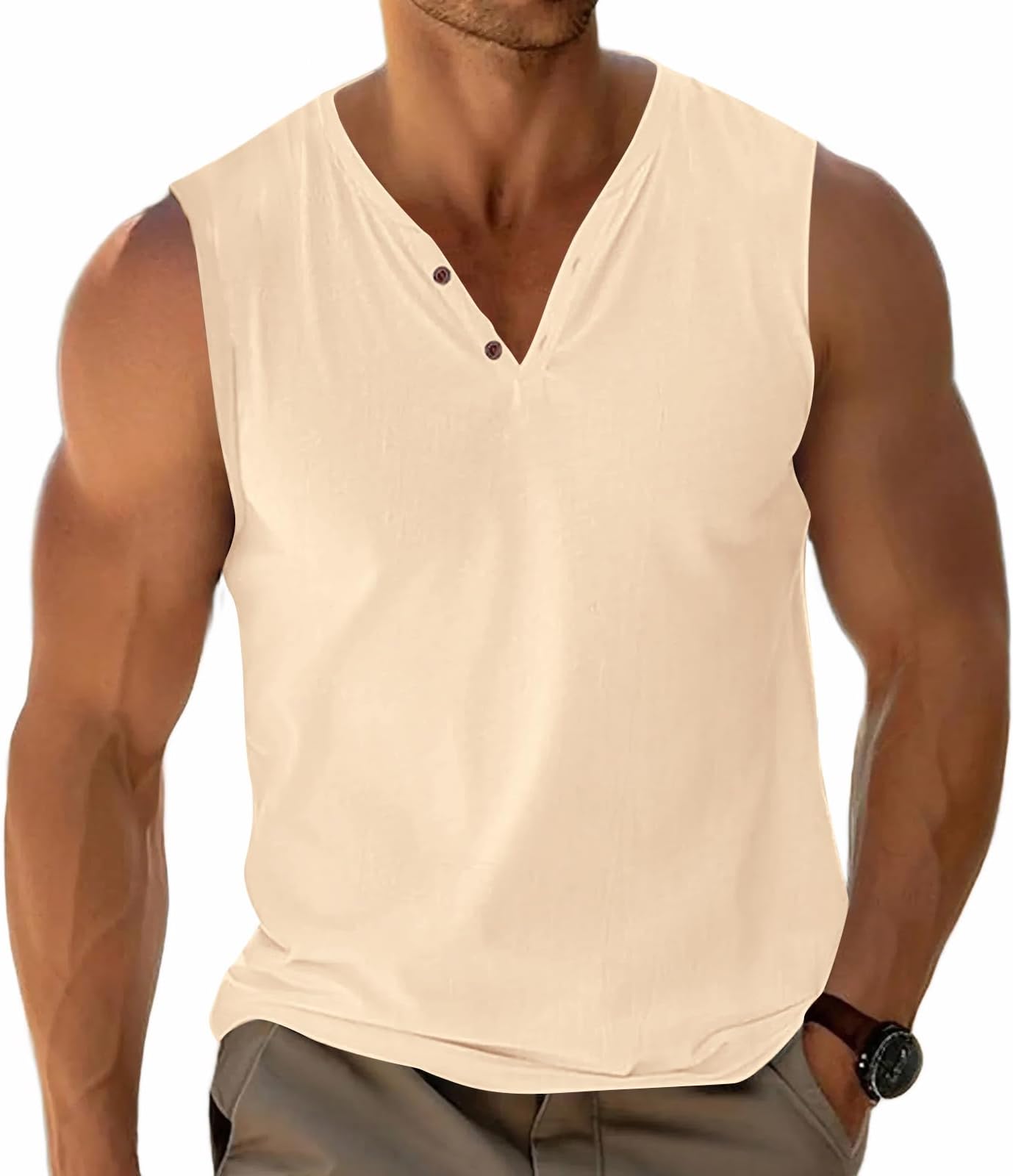 – Mens Basic Vests Tank Tops Sleeveless Tees Henley T-Shirt Casual Cotton Button V-Neck