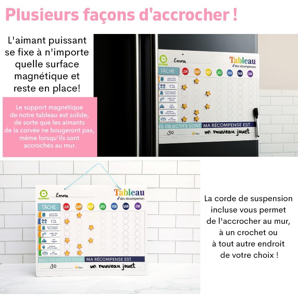 QUOKKA Tableau Magnétique pour Enfants - 40,6x30,5 cm Planificateur Visuel Récompenses - Ardoise Comportement Enfants 84 Aimants 102 Étoiles - Routine Responsabilité - Version Française