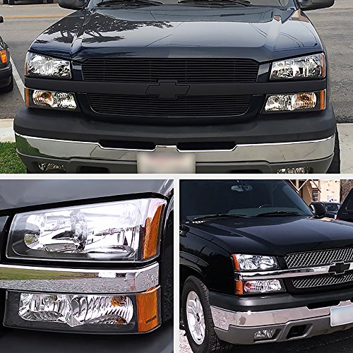 Vipmotoz Black Housing Headlight & Front Turn Signal Bumper Lamp Assembly Set For 2003-2006 Chevy Avalanche & Silverado 1500 2500 3500, Driver & Passenger Side #TOP7