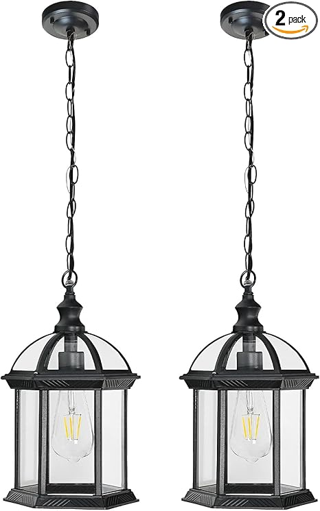 Outdoor Pendant Light Porch Front Door Foyer Entryway Patio Farmhouse Waterproof Hanging Lights Fixtures with Adjustable Chain Anti-Rust Exterior Ceiling Mount Lantern(Black, 2 Pack)