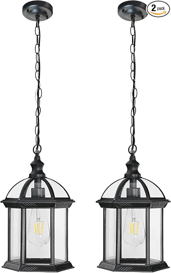 Outdoor Pendant Light Porch Front Door Foyer Entryway Patio Farmhouse Waterproof Hanging Lights Fixtures with Adjustable Chain Anti-Rust Exterior Ceiling Mount Lantern(Black, 2 Pack)