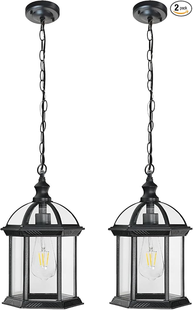 Outdoor Pendant Light Porch Front Door Foyer Entryway Patio Farmhouse Waterproof Hanging Lights Fixtures with Adjustable Chain Anti-Rust Exterior Ceiling Mount Lantern(Black, 2 Pack)