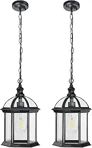 Outdoor Pendant Light Porch Front Door Foyer Entryway Patio Farmhouse Waterproof Hanging Lights Fixtures with Adjustable Chain Anti-Rust Exterior Ceiling Mount Lantern(Black, 2 Pack)