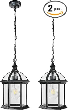 Outdoor Pendant Light Porch Front Door Foyer Entryway Patio Farmhouse Waterproof Hanging Lights Fixtures with Adjustable Chain Anti-Rust Exterior Ceiling Mount Lantern(Black, 2 Pack)