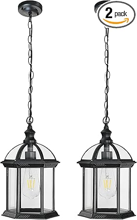 Outdoor Pendant Light Porch Front Door Foyer Entryway Patio Farmhouse Waterproof Hanging Lights Fixtures with Adjustable Chain Anti-Rust Exterior Ceiling Mount Lantern(Black, 2 Pack)