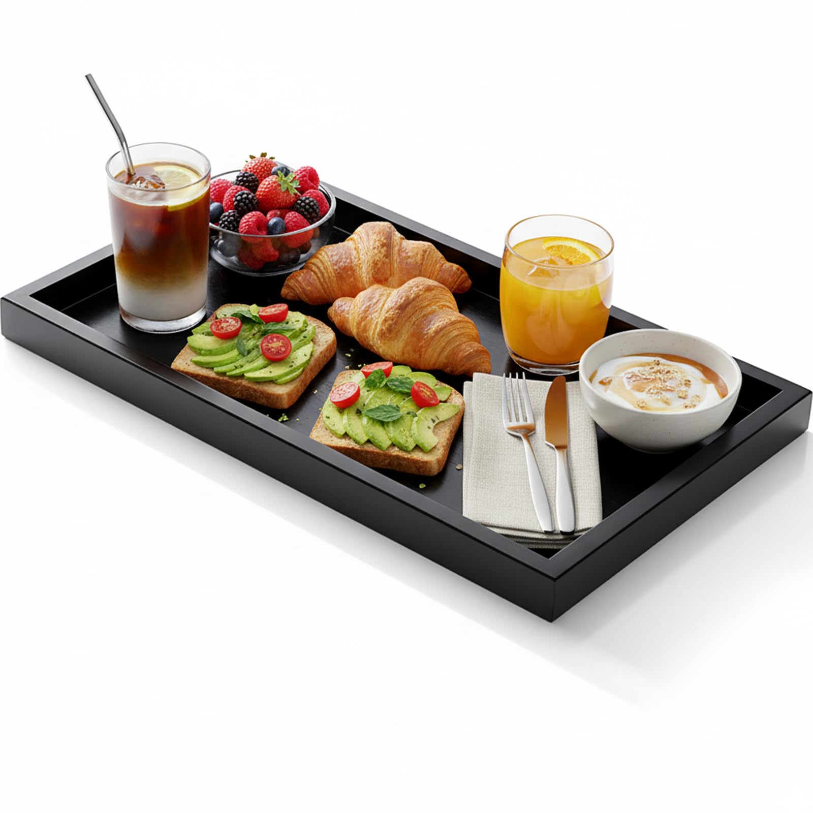 Black Tray, Solid Wood Serving Platter, Home Organisation and Decoration, Breakfast in Bed Tray, Living Room Ottoman Tray, Kitchen Counter Storage, 32 cm Pine Wood Tray. ﻿