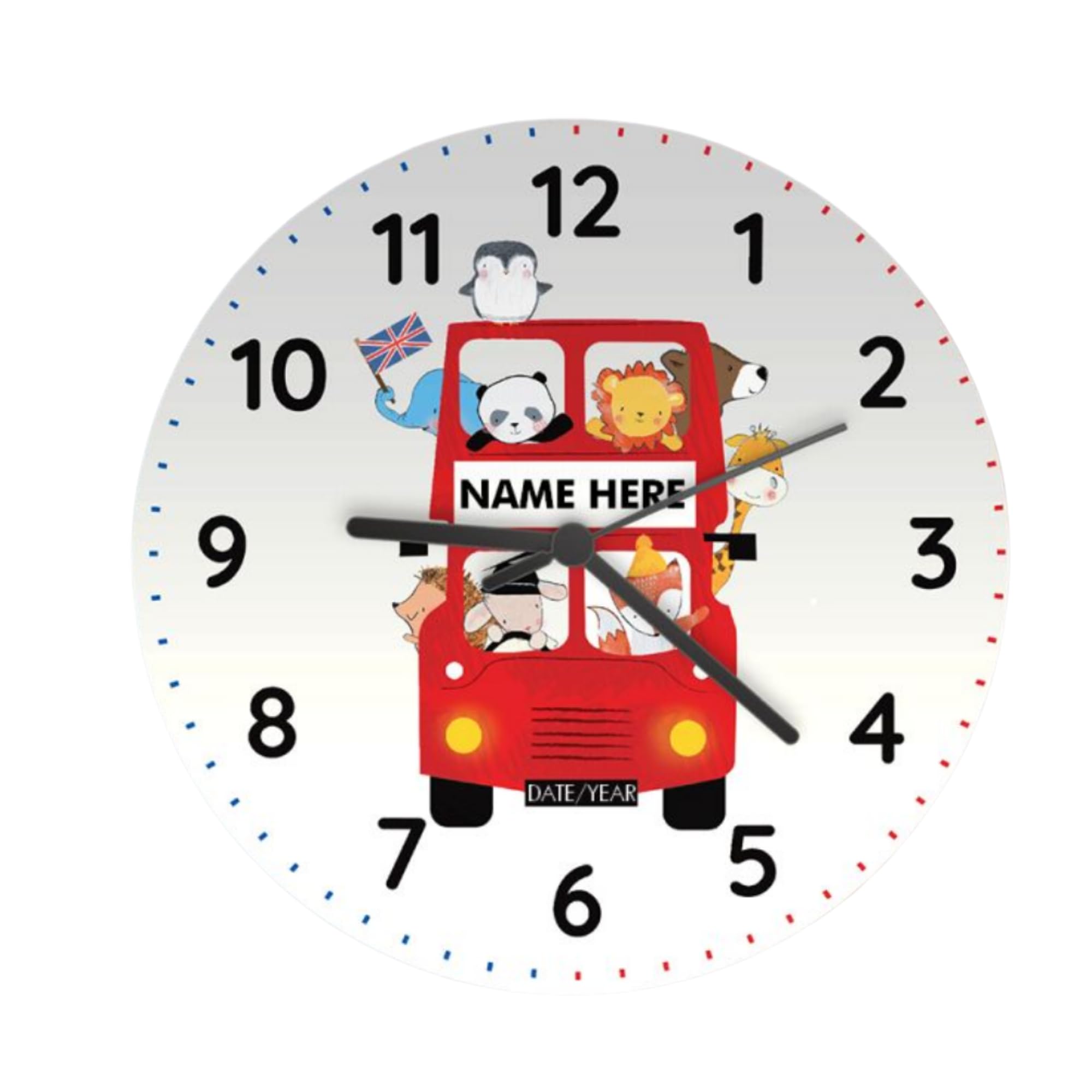 Caleli Gifts White Personalised London Animal Bus Wooden Clock For A New Baby, Kid's Birthday Present Or Child's Bedroom.
