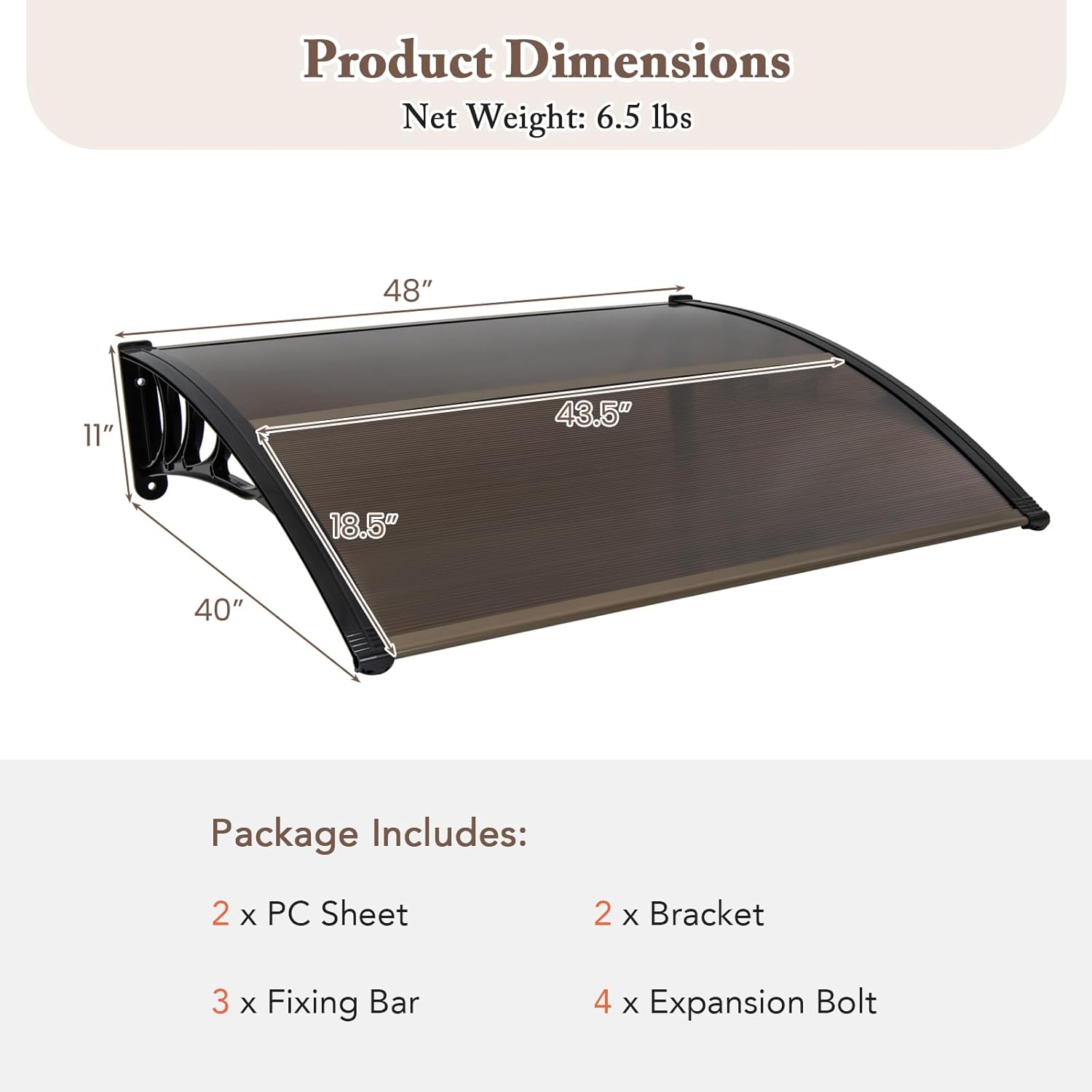 Window Awning Door Canopy, 48" x 40" Door Awnings Exterior with UPF50+ Sun Rain Snow Protection & Hallow Polycarbonate Sheet, Outdoor Front Door Entrance Canopy (Coffee)