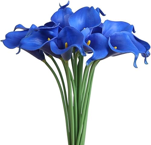 Faylapa 20 piezas de lirio de calas artificiales reales al tacto, flores falsas, ramos de boda, decoración floral para el hogar (azul rey)