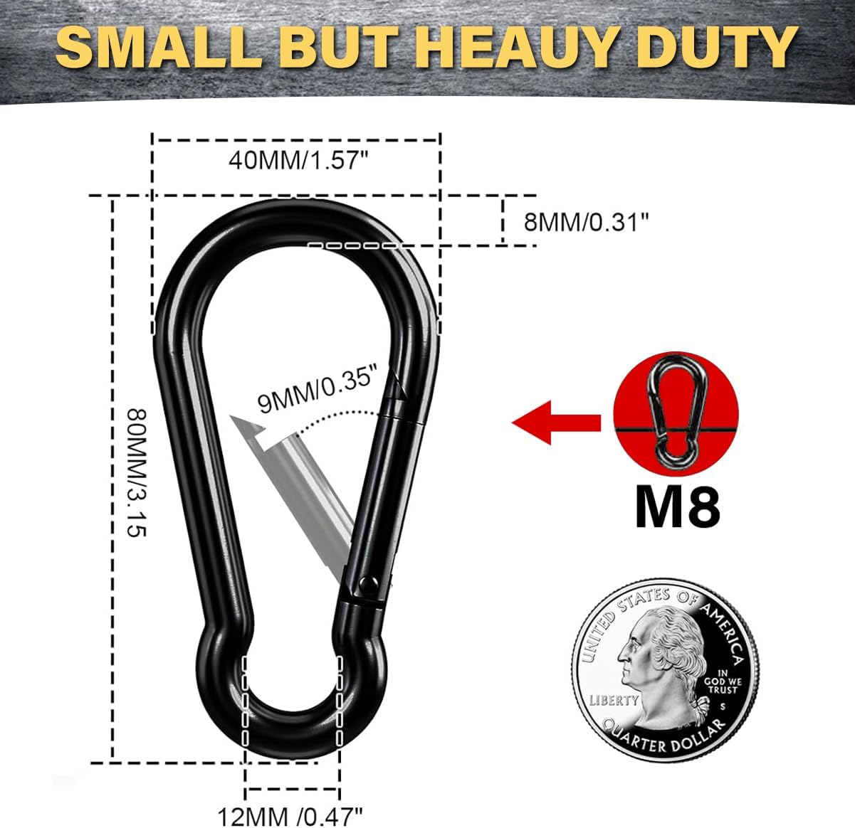 4Pcs M8 Spring Snap Hooks Heavy Duty, 500LBS Quick Link Clip Holding Capacity Spring Clips, Carbon Steel Carabiner for Hammock Swing Outdoor Travel - Image 2