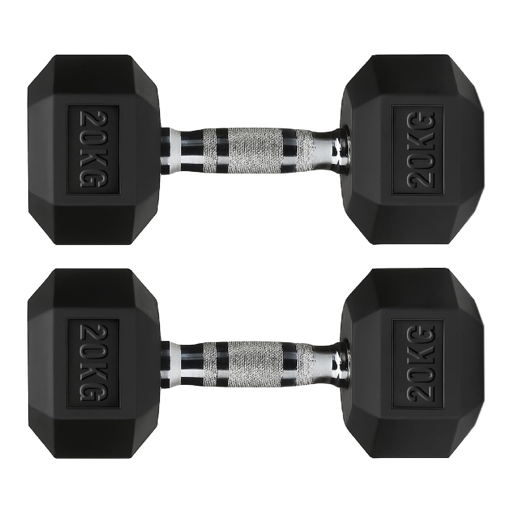 Hex Dumbbells Rubber Coated Cast Iron, Knurled Metal Handles, Anti-Roll Hex Design for Home Gym Strength Training and Weight Lifting, 1kg to 30kg Pairs and Sets (20kg-Pair)