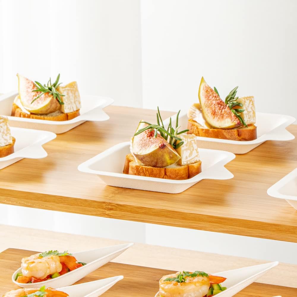 Restaurantware Pulp Safe No PFAS Added 4.3 x 5.1 Inch Small Square Plates 100 Disposable Plates - Home Compostable Microwavable And Freezable White Bagasse Plates For Hot And Cold Foods