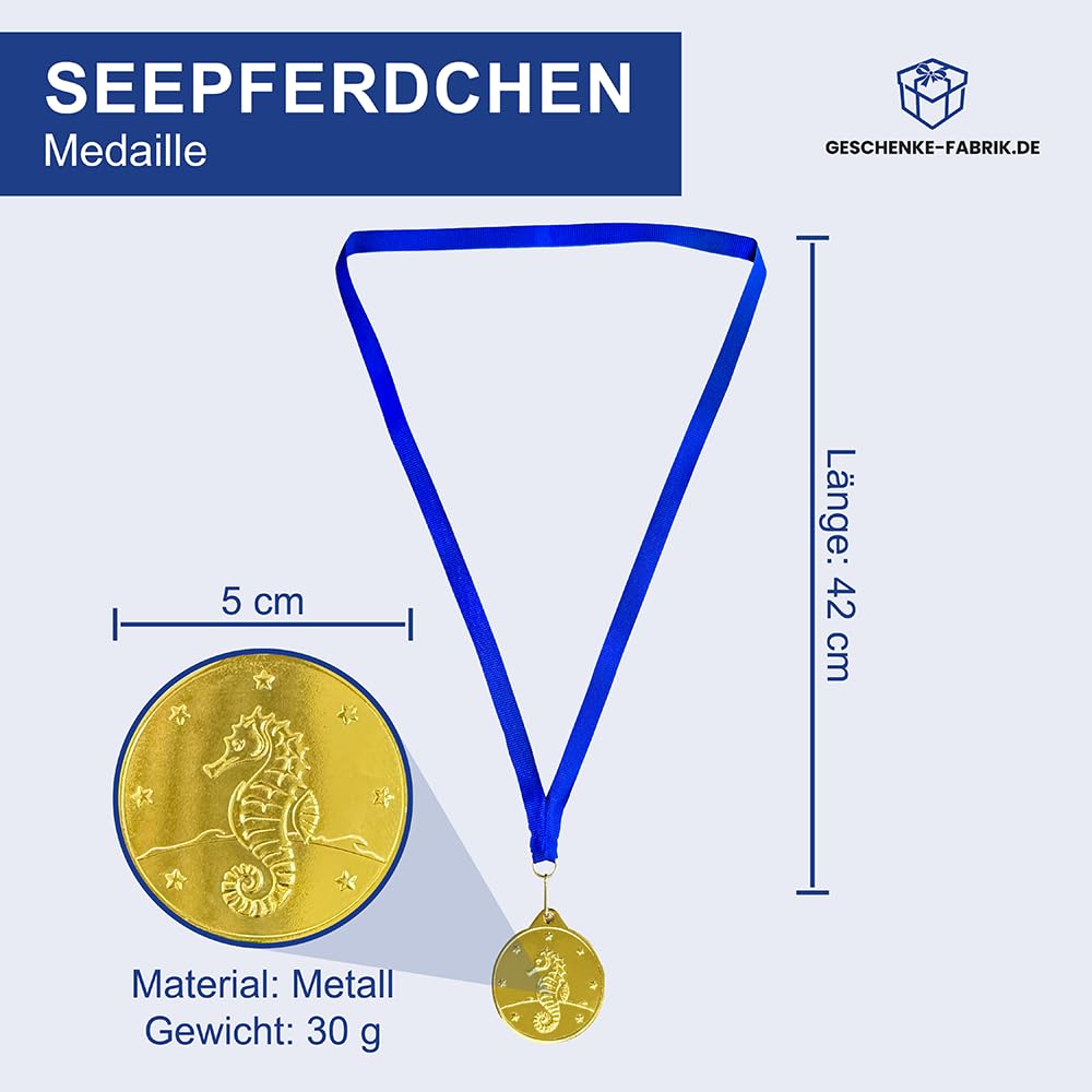 Pokal-Fabrik - Seepferdchen-Medaillen 10er Set Metall - Seepferdchenmedaille golden zum Umhängen für Siegerehrungen - Schwimmabzeichen Gold - Medaillen Kinder mit blauem Band für Vereine & Turniere