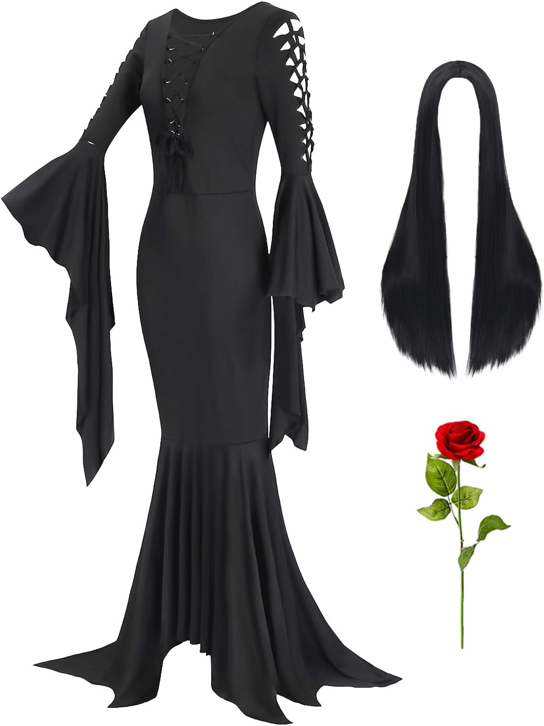 Adult Black Gothic Dress for Women Halloween Costumes with Accessories for Vampire Witch Costume Dress Up Large