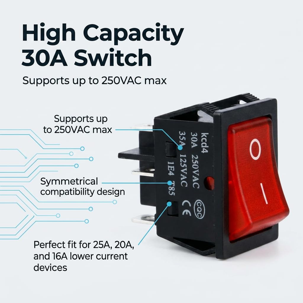 4pcs 30A Boat Rocker Toggle Power Switch 120V/250V AC KCD4 Red Light Illuminated ON Off Toggle Switch Heavy Duty 2 Position Snap in Replacement Switch with UL Certificate
