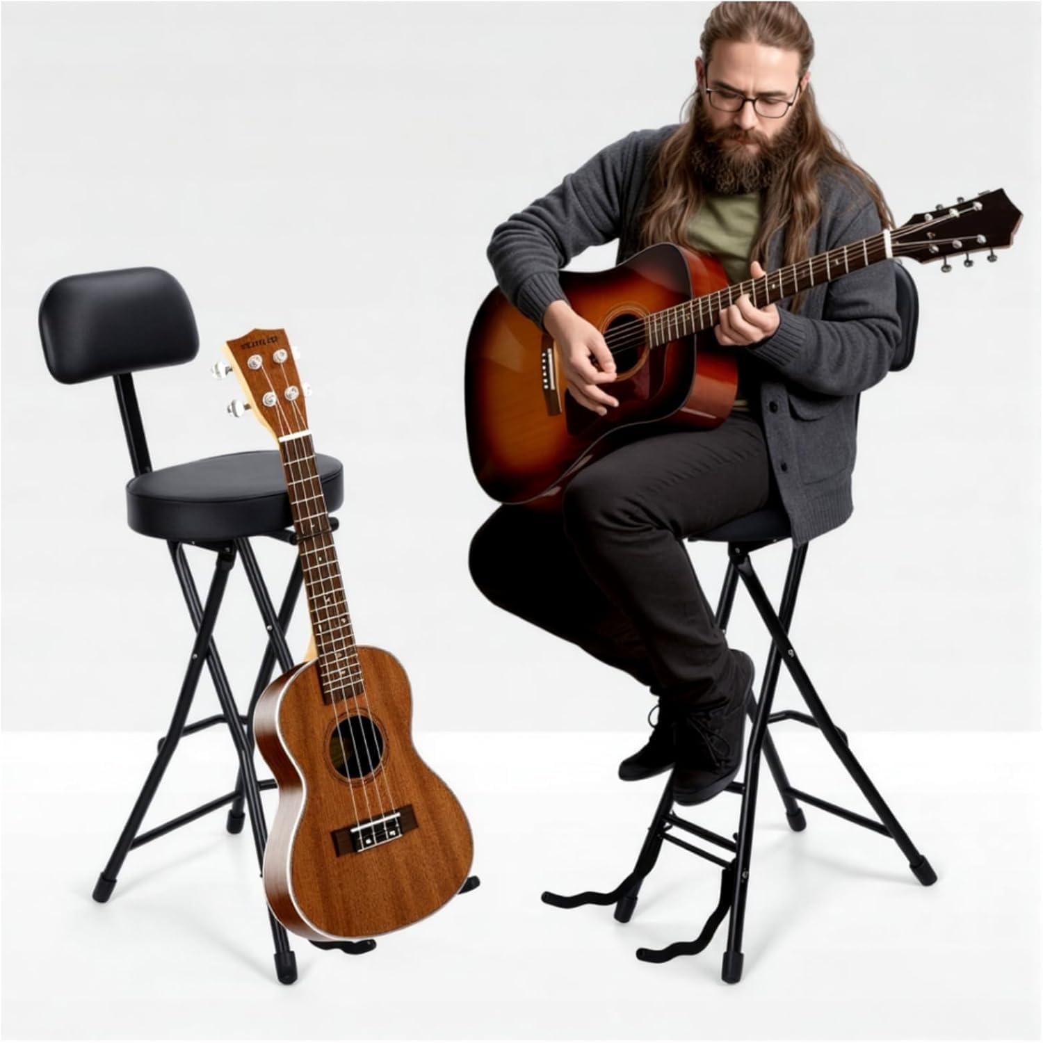 Guitar Stool with Built-in Guitar Stand Foldable Musician Stool Padded Seat Ergonomic Removable Backrest Footrest Heavy-Duty Metal Frame for Acoustic Electric Bass Guitar Players(Black-b)