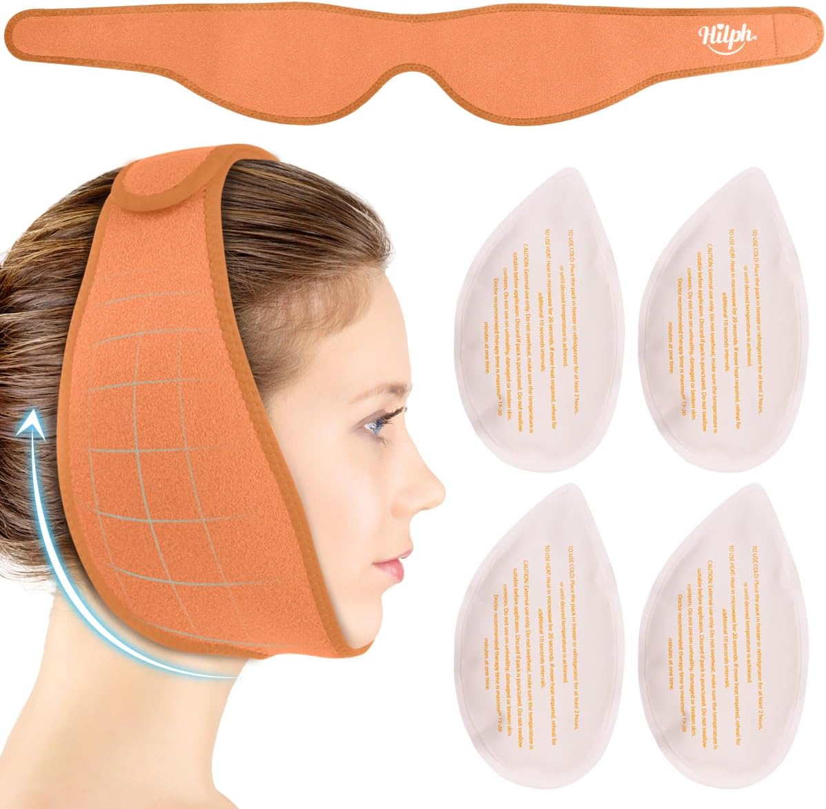 Hilph Face Ice Pack Wisdom Teeth Ice Pack Head Wrap with Washable Jaw Wrap and 4 Replacement Hot Cold Pack for Facial Oral Surgery, TMJ, Tooth Extraction, Dental Surgery, Tonsillectomy Recovery Orange