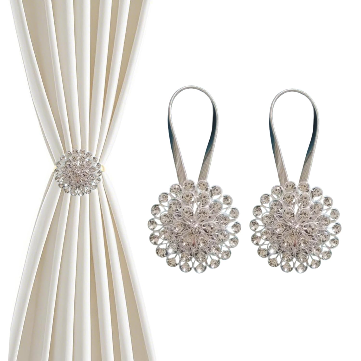 Magnetic Curtain Tiebacks ?tie Backs for Curtains 2 Pack Crystal Flower Curtain Clips for Home Office Decoration Holdbacks (Silvery Crystal)
