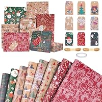 EOPUOZS Geschenkpapier Weihnachten, 8 Stück Kraft Geschenkpapier Mit Hanfseil, 70x 50cm Weihnachtsgeschenkpapier für Weihnachtsfeier Geschenkverpackung, Weihnachtsdekoration