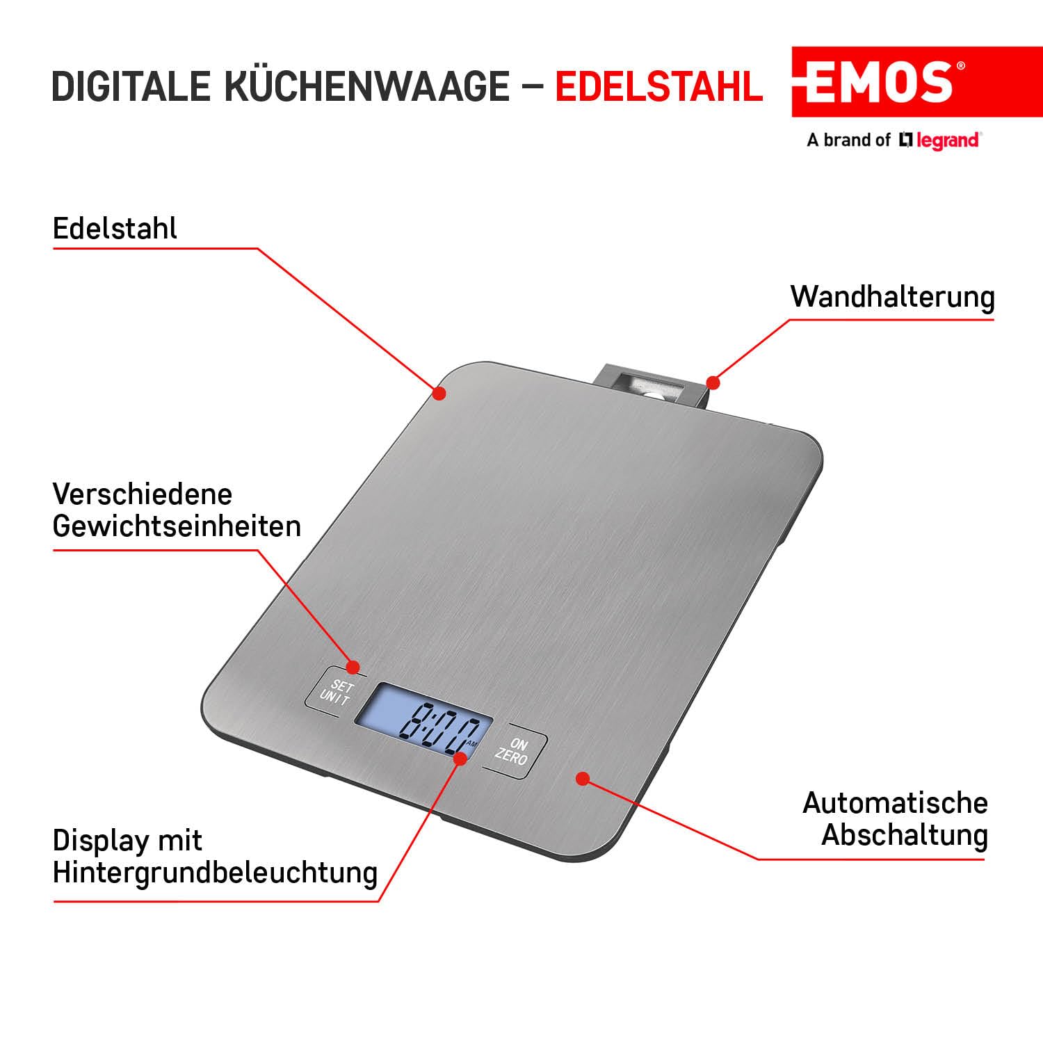 EMOS waga kuchenna ze stali nierdzewnej do montażu na ścianie, waga cyfrowa z wyświetlaczem LCD z podświetleniem, funkcja tarowania, pomiar artykułów żywnościowych, dokładność do 1g, udźwig 15 kg