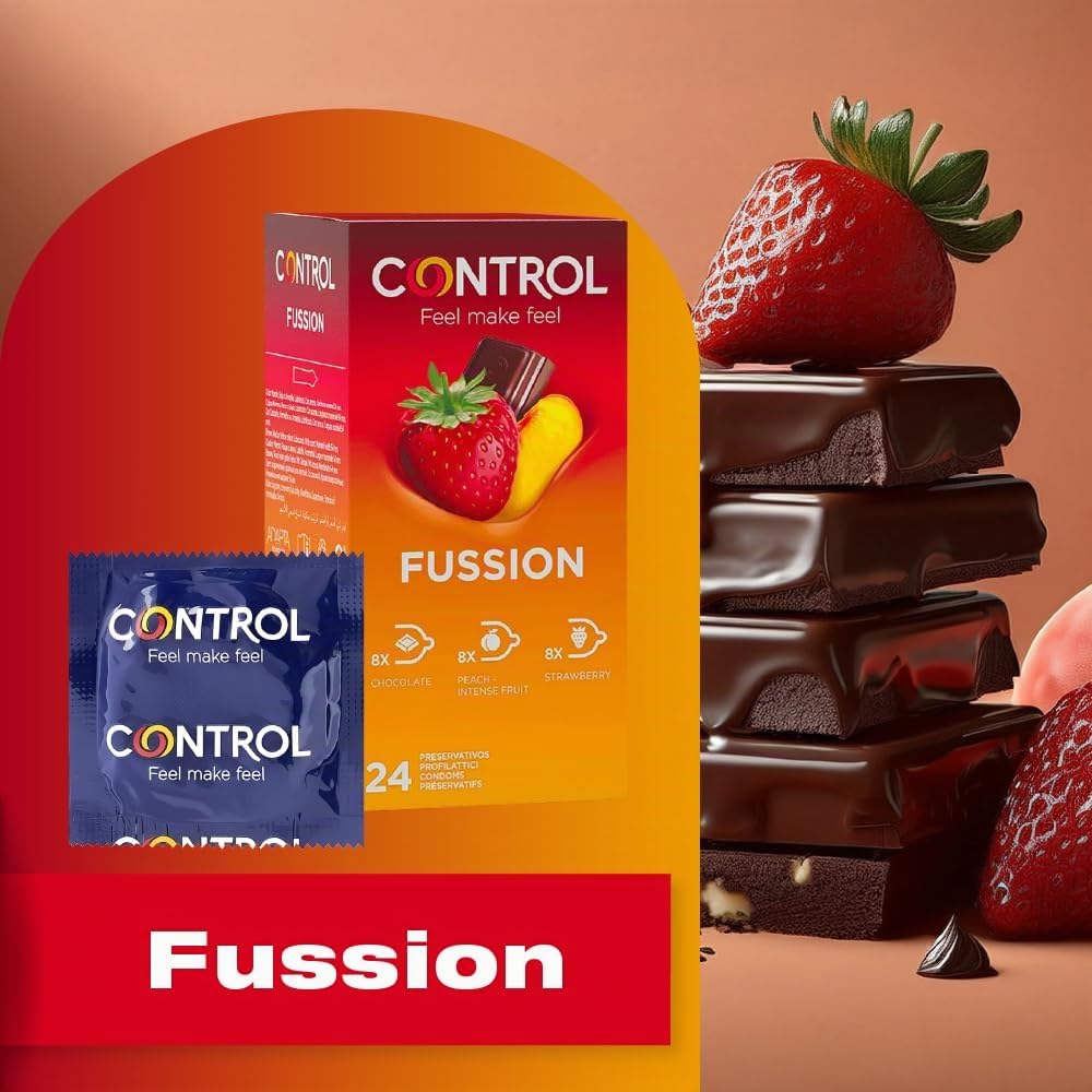 Control Preservativos Fussion, Caja 24 Condones Sabores Variados, Chocolate, Melocotón y Menta, Lubricados, Ajuste Óptimo para una Relación Segura