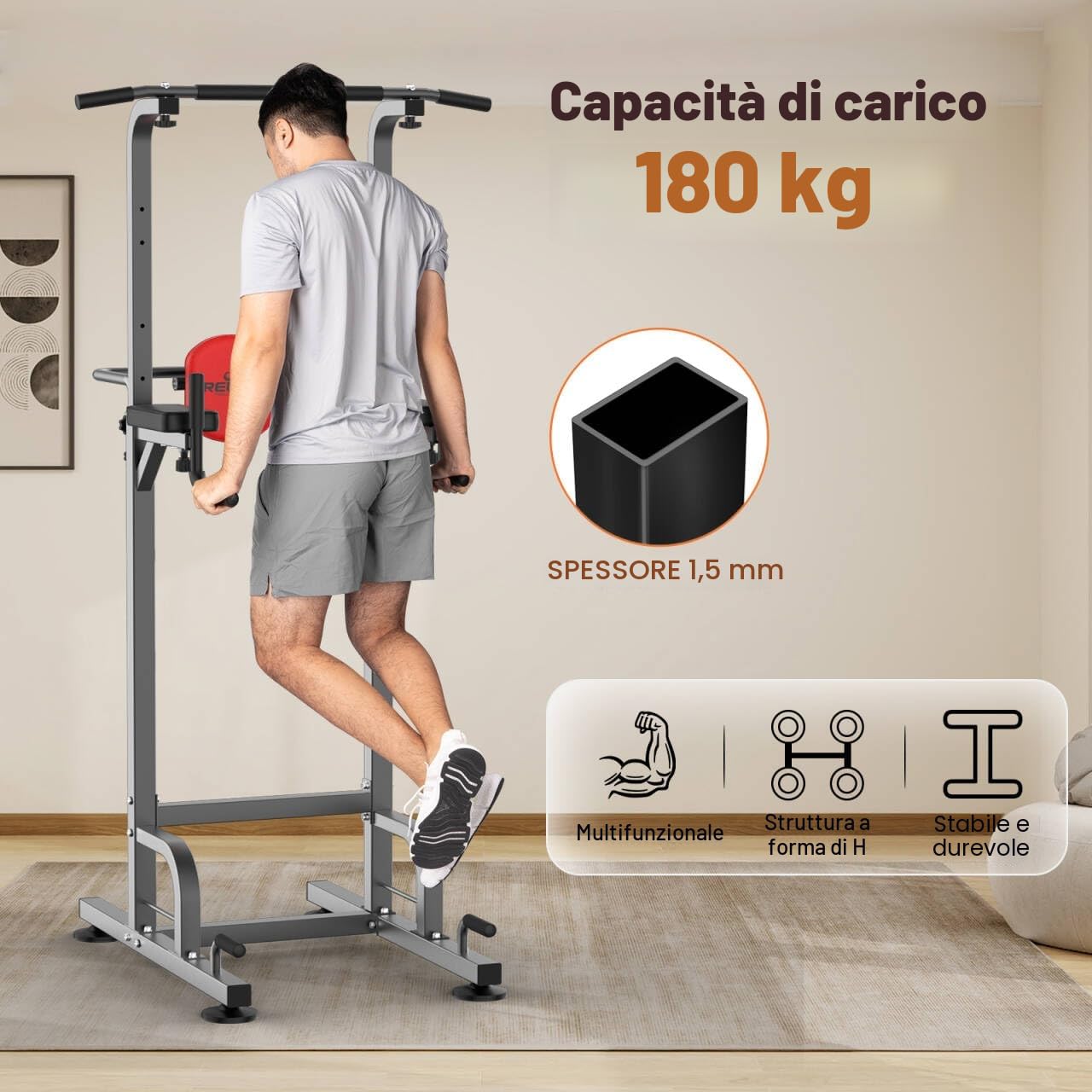 RELIFE REBUILD YOUR LIFE Power Tower Torre per Trazioni Stazione per Dip Sbarra Palestra Allenamento Casa Muscoli Multifunzione Fitness Casa Addominali Forza Attrezzi Pull Up Bar (Grigio)