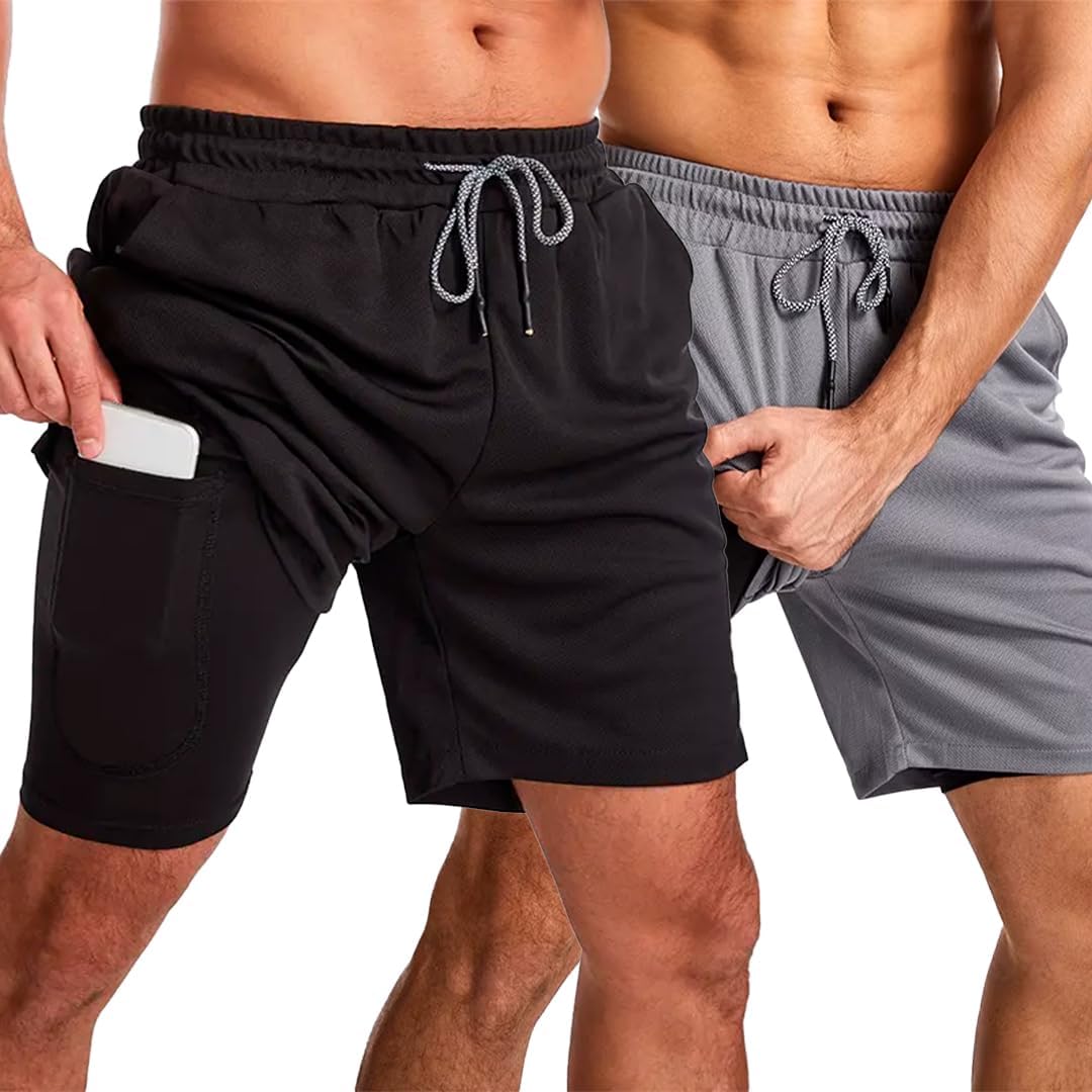 Kit 2 Short Masculino Academia 2 em 1 Bermuda Dry Fit Corrida Treino com Bolso Celular INSIDE SPORTS