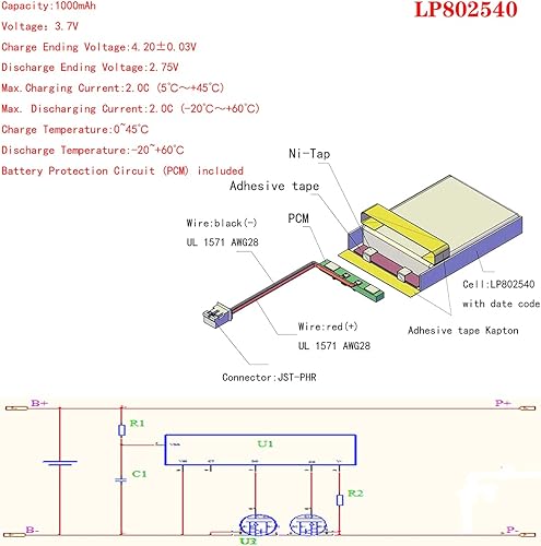 Miniatura 3 de Liter 3.7V 1000mAh 802540 Lipo Batería recargable Batería de iones de polímero de litio con conector JST PH 0.079 in