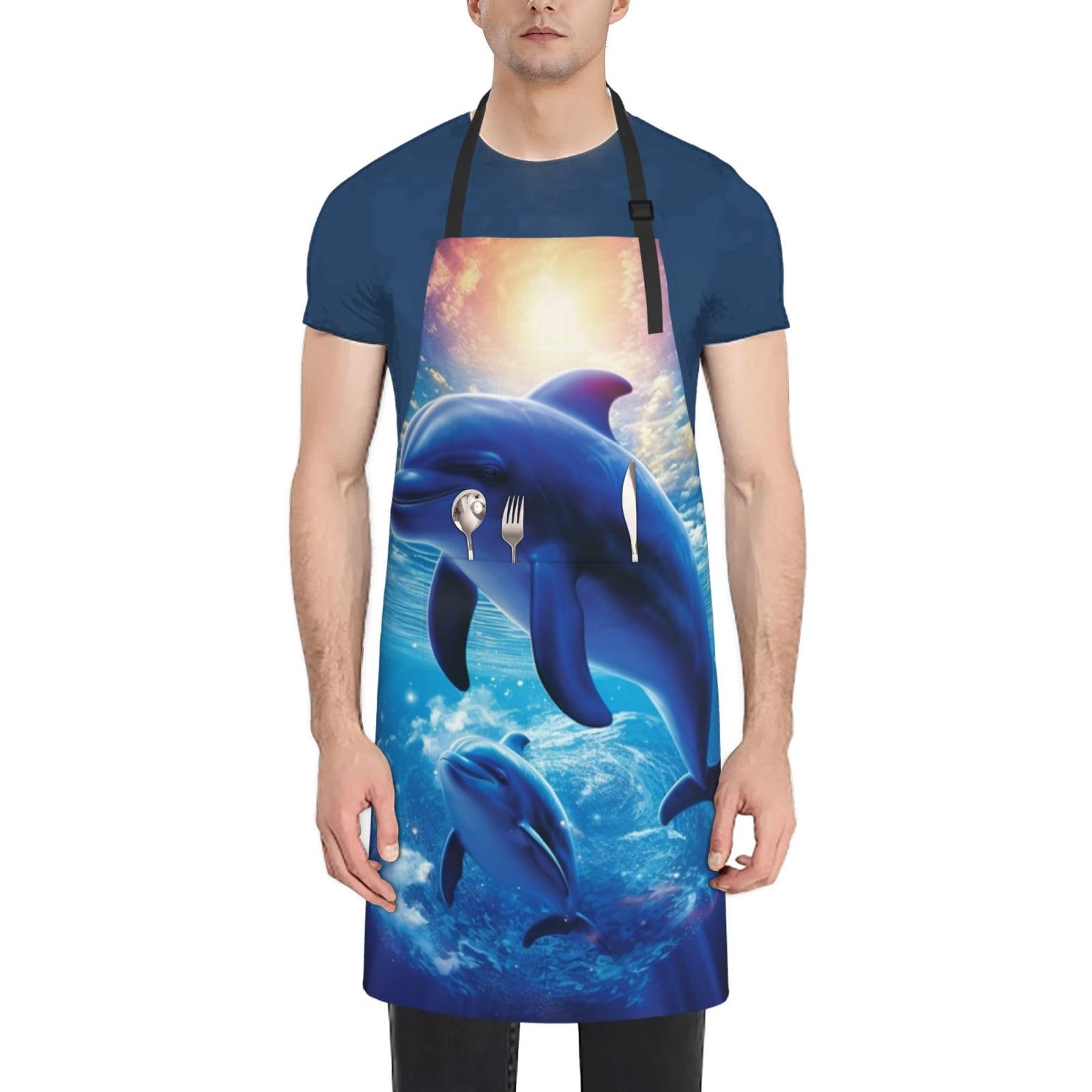 peiyeety Cute Dolphins Apron for Adults, Waterproof Cooking with 2 Pockets, Adjustable Bib for Dishwashing, Long Kitchen for Women Men Work Dog Grooming