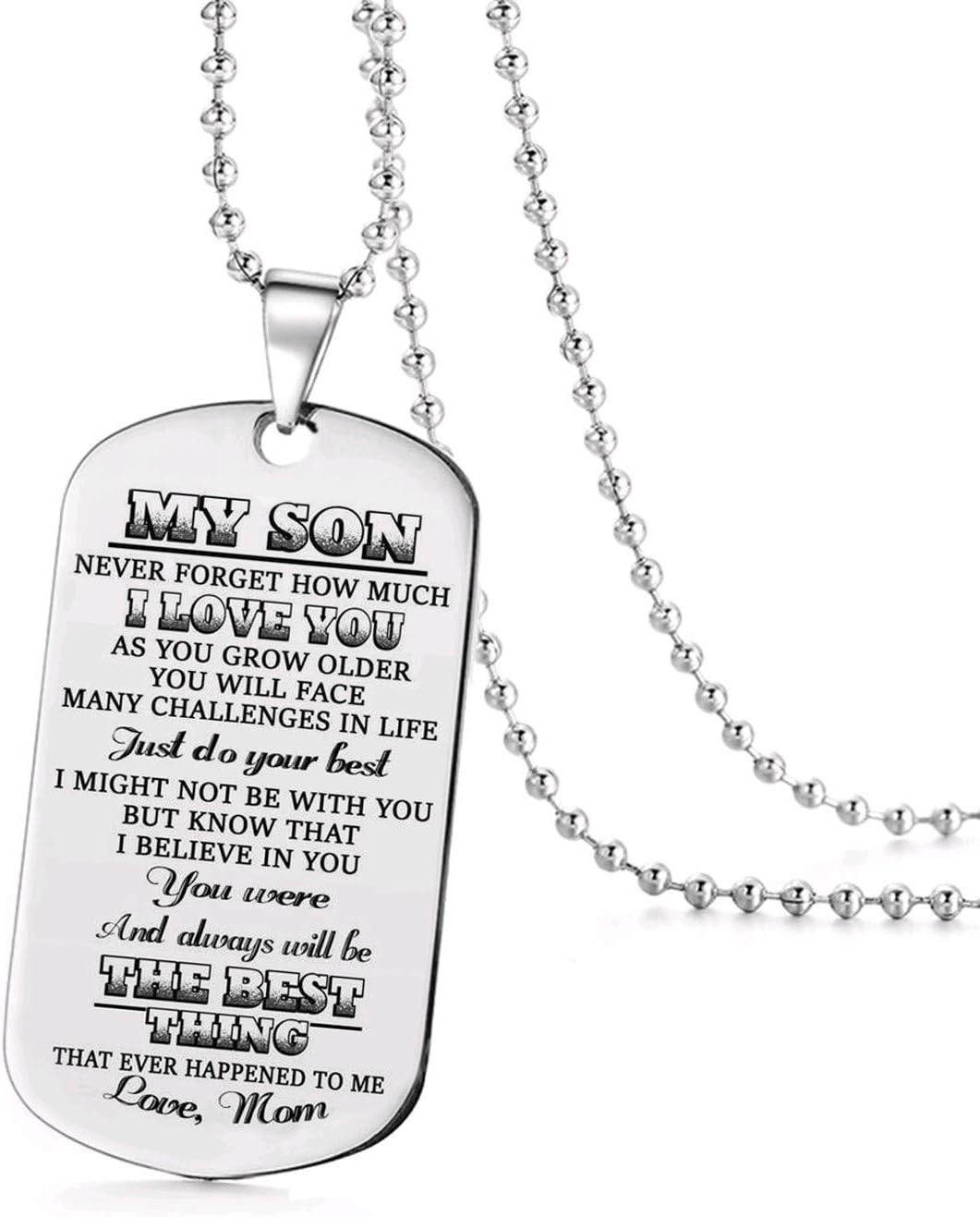 Jvvsci Mom To Son Dog Tag Never Forget How Much I Love You Inspirational Message Pendant Necklace， Encouragement Gift，Uplifting Jewelry