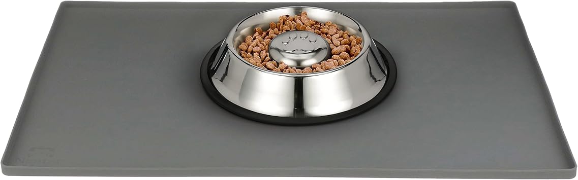 Neater Pets Stainless Steel Non-Tip Slow Feed Bowl with Neater Mat Waterproof Silicone Bowl Mat