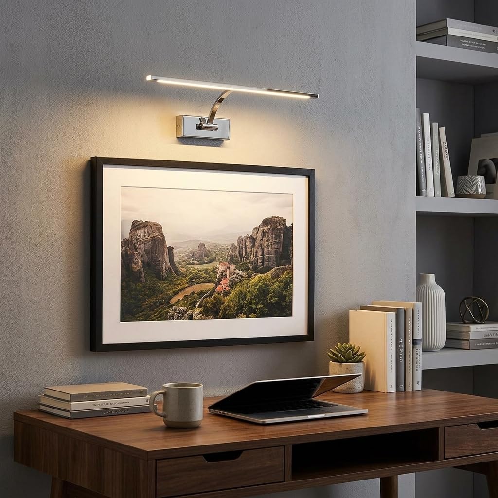 BARCELONA LED Aplique LED para Cuadros 6W Ajustable Cromado | Lámpara de Pared Interior con Brazo Orientable | Luz Cálida 2700K | Iluminacuadros LED CRI>80 para Fotos, Arte, Espejos, Salón y Galerías