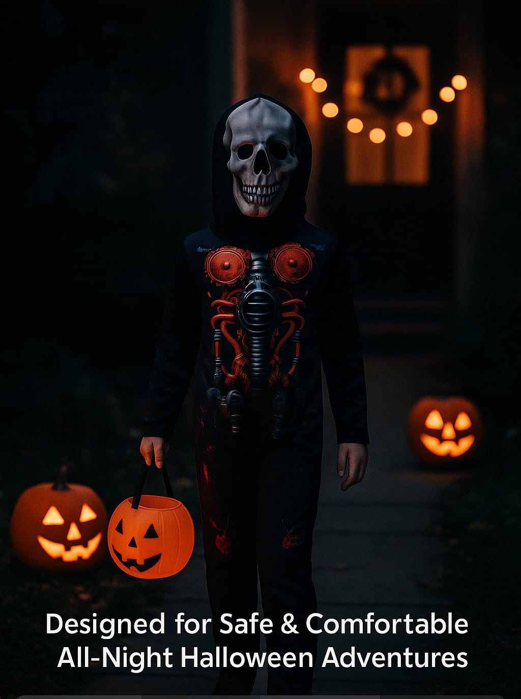 A2Z 4 Kids Cyber szkielet dla chłopców, dziewcząt, kostium na Halloween, fantazyjny kostium z maską czaszki, dla dzieci, straszny szkielet, jednoczęściowy kombinezon na imprezy typu cukierek albo