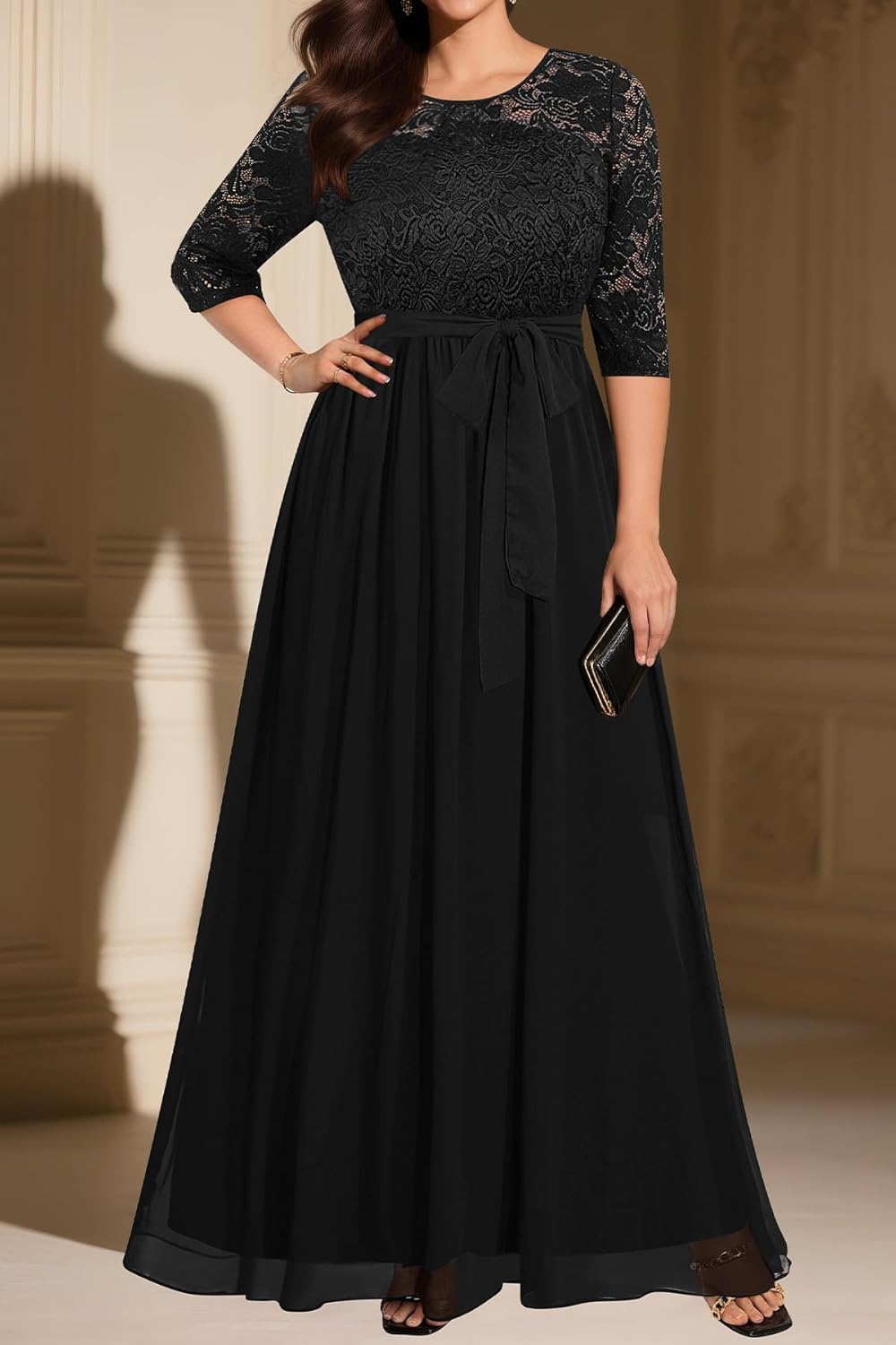 Women's Plus Size Lace Chffon Long Maxi 3/4 Sleeve V-Back Formal Dress - Image 2
