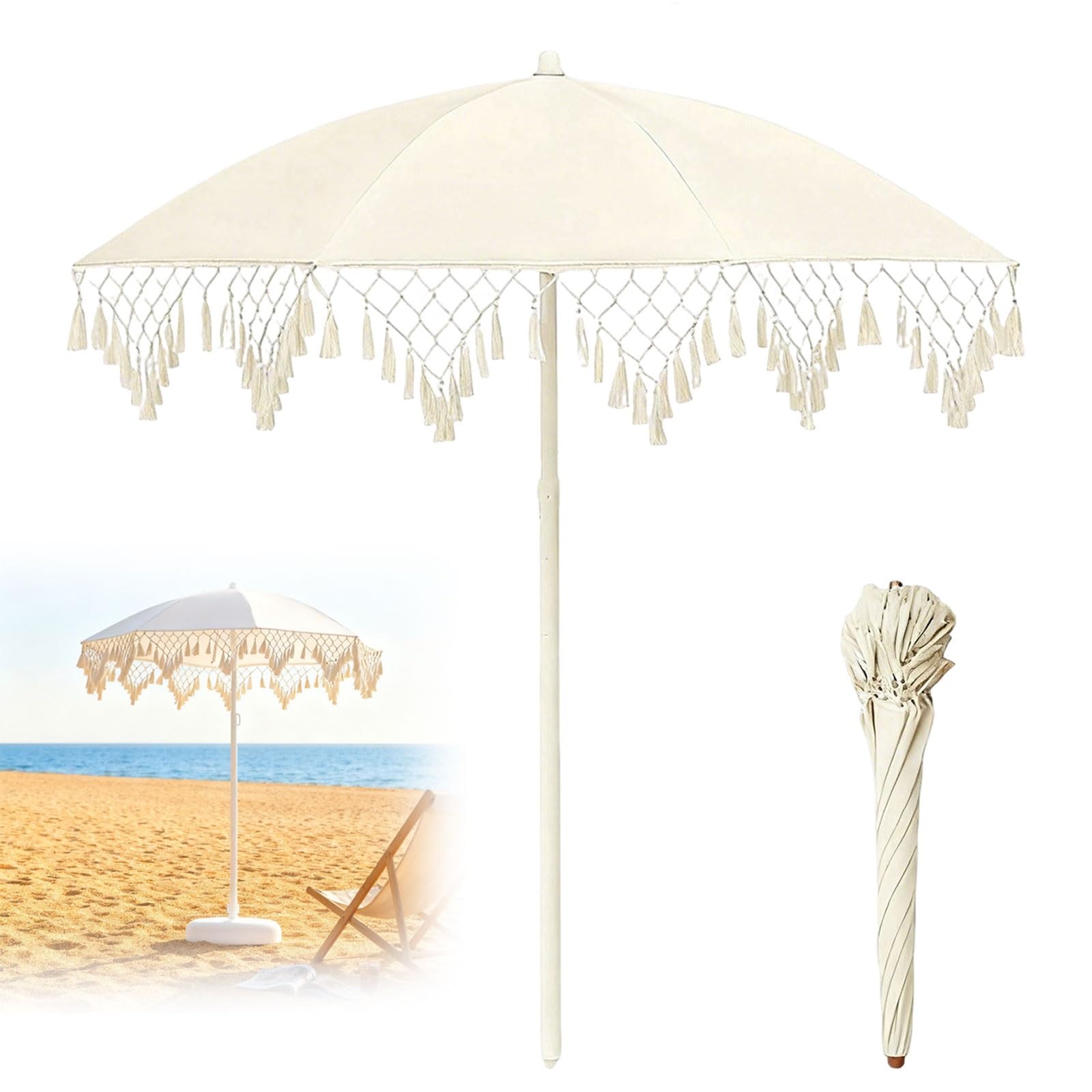 2.0m Sombrilla de Patio con Flecos | Sombrilla de Playa a Prueba de Rayos UV para Exteriores | Sombrilla de Flecos para Jardín Terraza Piscina y Terraza | Anti Viento