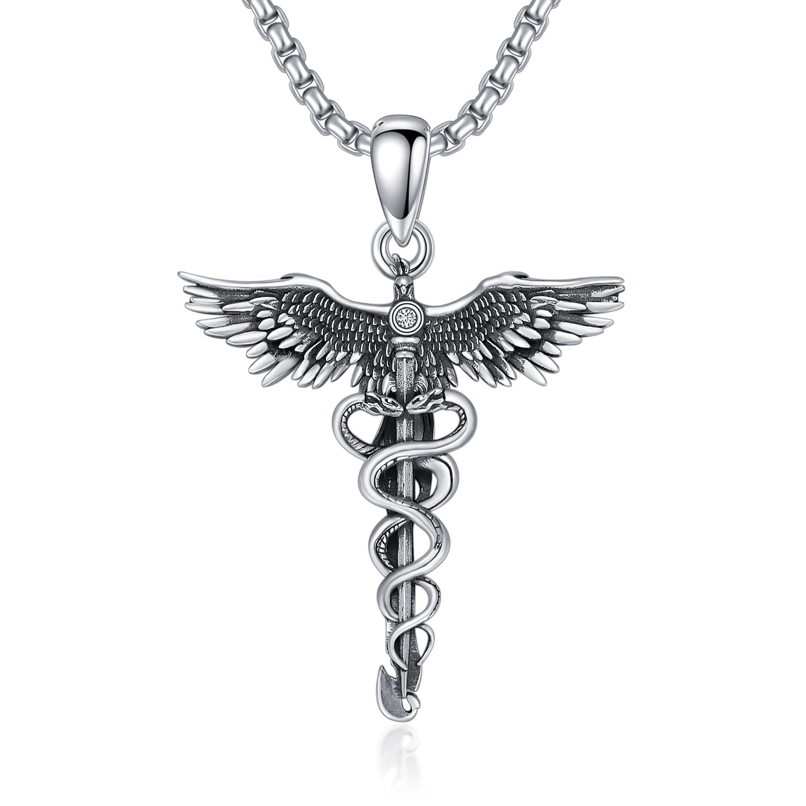 MEIDERBO Caduceus Necklace for Men Women 925 Sterling Silver RN Nurse Graduation Gift Phoenix Pendant Doctor Nurse Medicine Themed Jewelry Gifts for