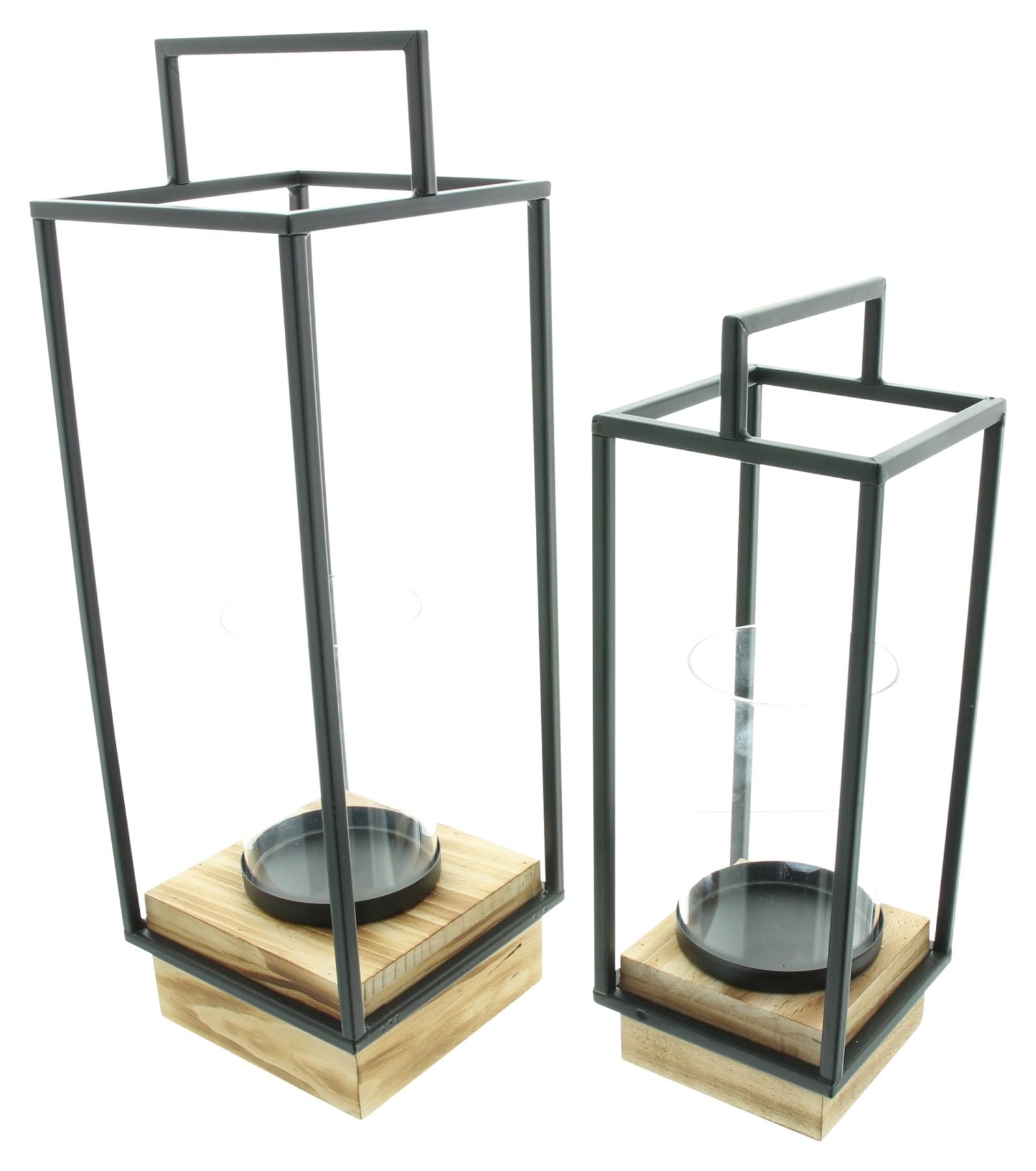 Dekoleidenschaft 2X Laterne Modern Industrial aus Metall & Glas mit Holz Sockel, 35 + 45 cm hoch, Windlicht, Kerzenhalter, Bodenwindlicht