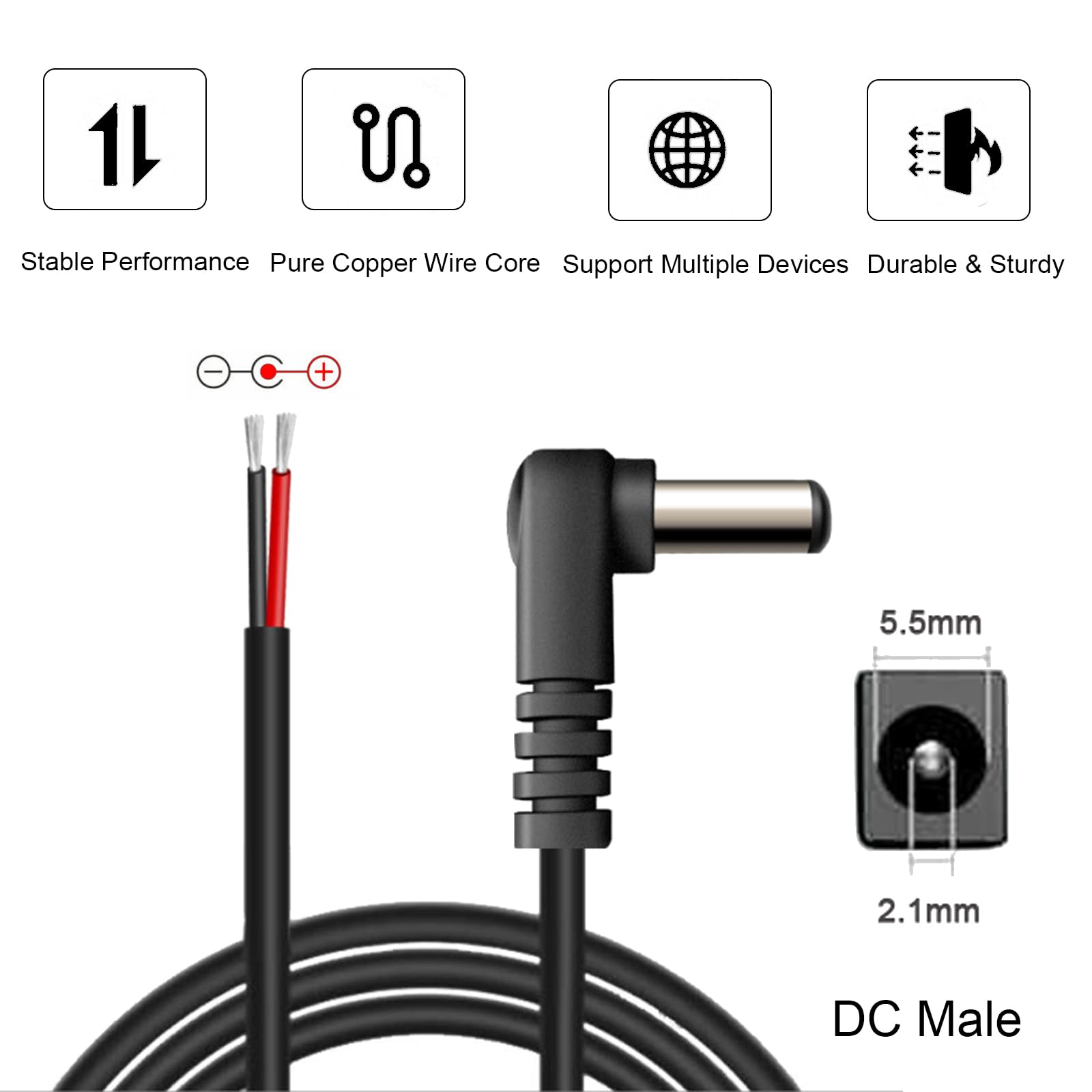 Lot de 3 connecteurs mâles à angle droit de 0,3 m 18 AWG à 90 degrés d'alimentation CC 5,5 mm x 2,1 mm vers câble Pigtail 12 V 7 A pour réparation et remplacement de caméra de surveillance