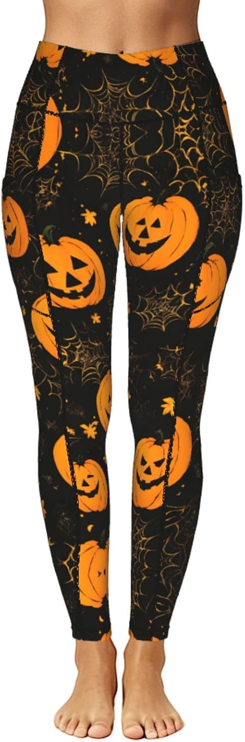 Halloween Pumpkin Print High Waist Leggings with Pockets for Women,Gym Clothes,Compression Leggings