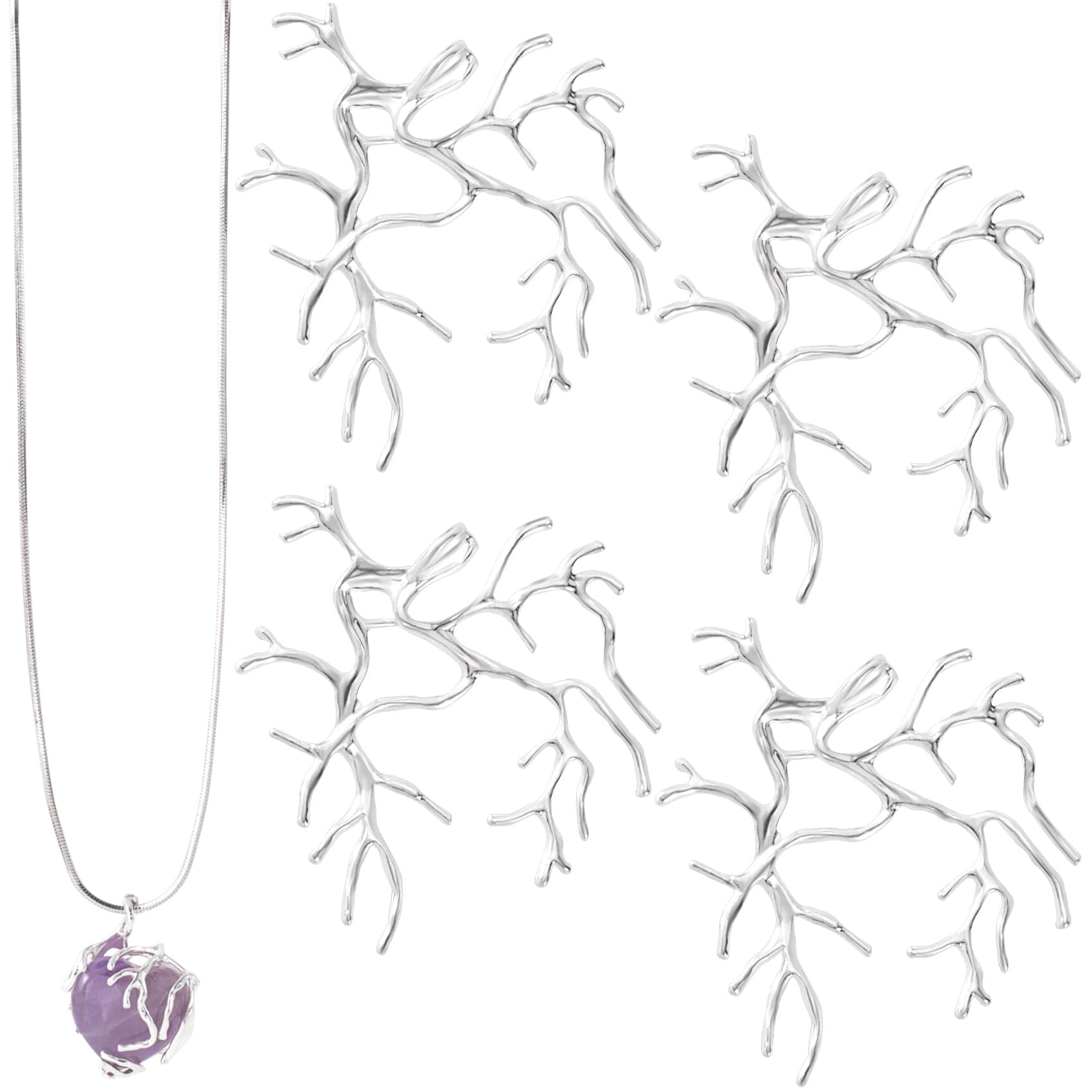 HINZIC 4 Pcs Branch Shape Blanks for Jewelry Making, Silver Brass Prong Pendant Settings, Handmade Metal Claw Pendant Tray Bezel Irregular for DIY Crafts Necklace