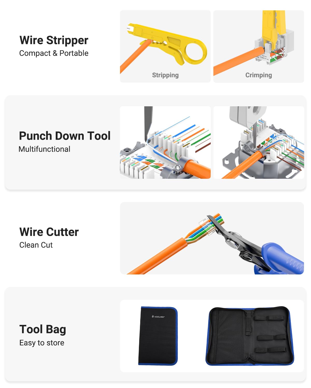 VCELINK Professionnel Network d’installation Kits, Pince à Sertir RJ45 avec 20 Connecteurs RJ45 Cat7/Cat6a Pass Through, Testeur RJ45, Mini Pince à dénuder Pour, RJ45, Sac en Tissu