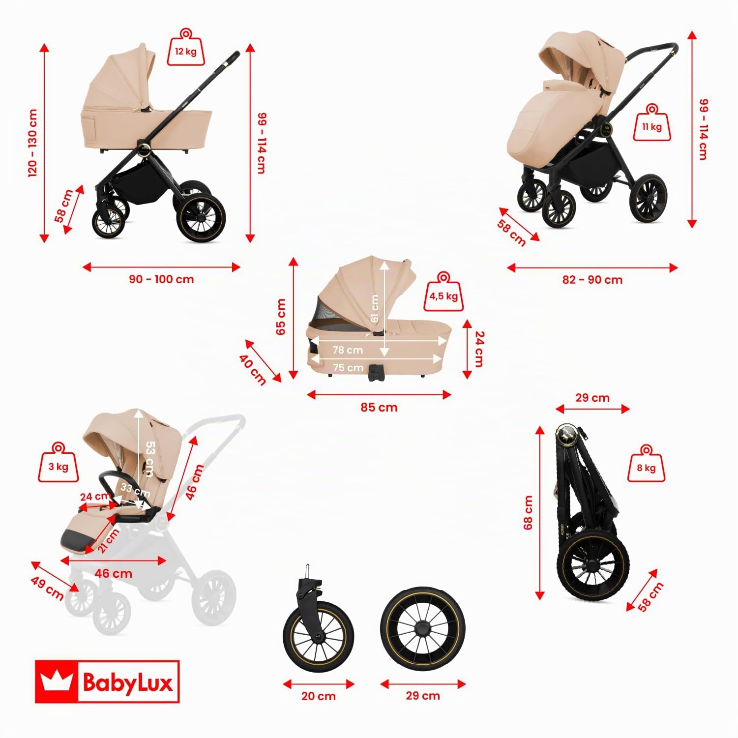 BabyLux® Carrito Bebe 2en1 ROSSO, Conjunto de Cochecito Ligero y Plegable Que Incluye Capazo, Silla de Paseo, Bolso Cambiador y Más Accesorios, 4 Posiciones de Reclinado, 0-22kg, Protección UV 50+