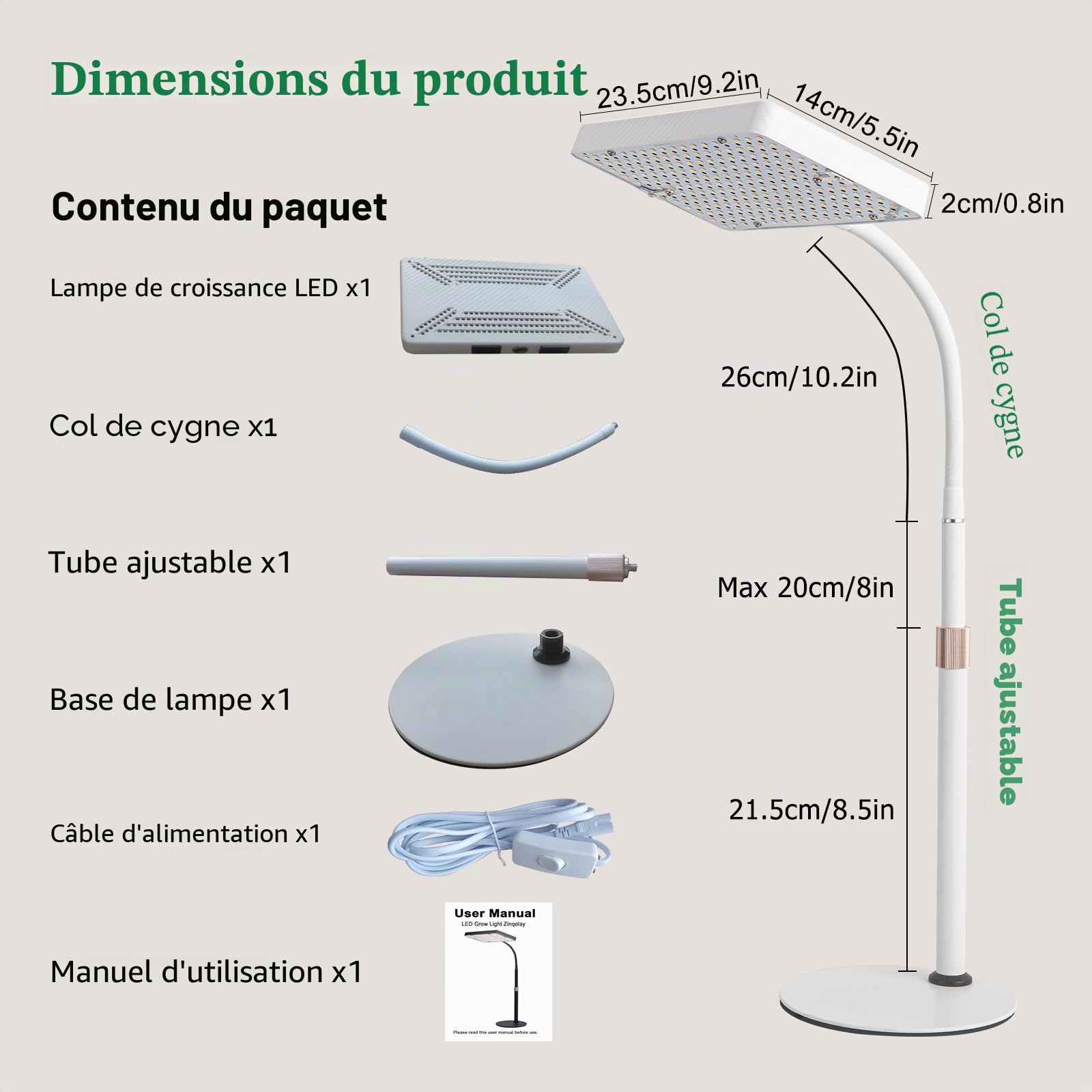 Lampe de culture de table pour le démarrage des graines, 25 W, lumière de bonsaï, hauteur réglable de 40,6 à 61 cm, lampes de culture de bureau pour toutes les plantes d'intérieur, fonction
