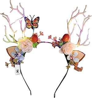 2PCS LED Antler Headband Christmas, Deer Antler Headband with Flower, Deer Antler Hair Band Deer Headbands, Antler Flower Headband, Light up Xmas Headbands, LED Hair Accessories(#1)