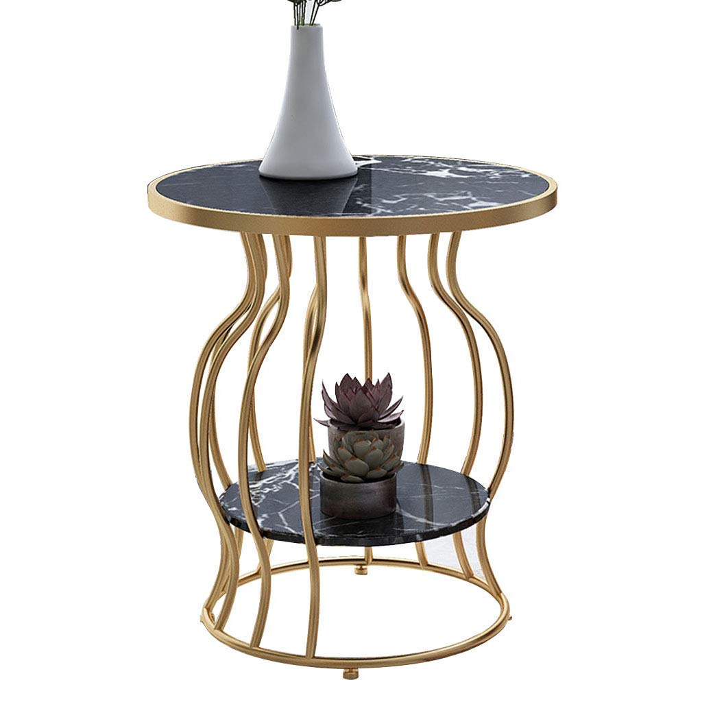 Étagère à 2 niveaux ronde en marbre avec cadre doré 50x58cm