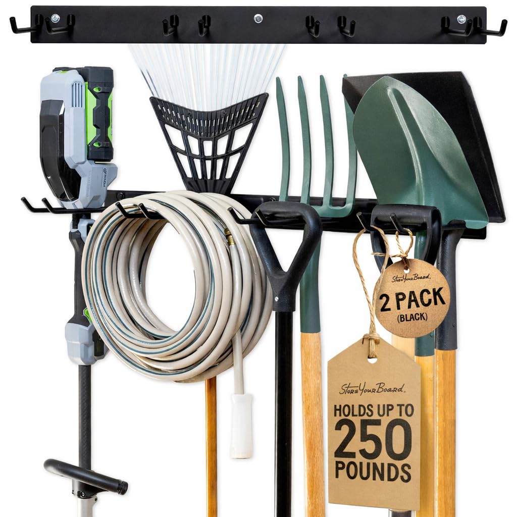 StoreYourBoard Heavy Duty Garden Tool Rack for Garage & Shed 2 PACK | Garden Tool Organiser, 8 Slots Metal Shed Storage Rack for Rakes, Spades & Handle Tools, 226 kg Capacity Garage Wall Storage Rack