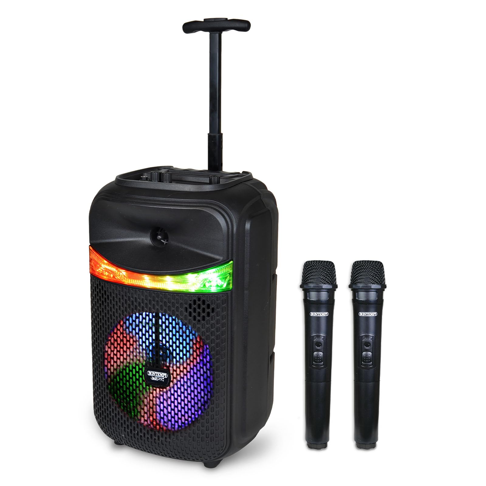 Bontempi | Cassa Trolley Acustica Wireless con 2 Microfoni Senza Filo, Luci RGB, Telecomando, Display, Funzione TWS, 39.5x22.5x19 cm