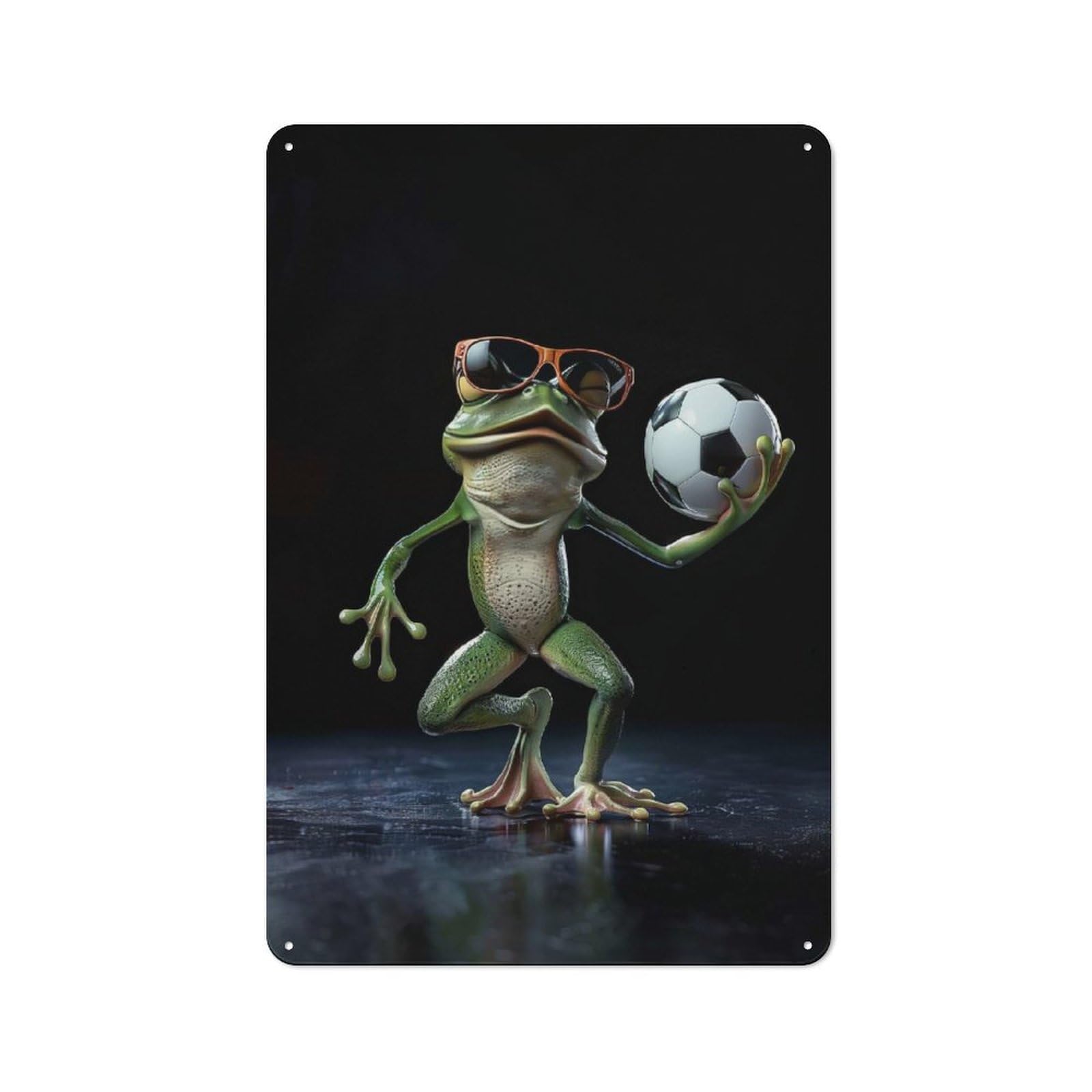 Modern Retro Cool Frog with Soccer Ball Metal Wall Art Sign 30x20cm, Studio Wall Art for Modern Home, Workshop, Office Or Cafe