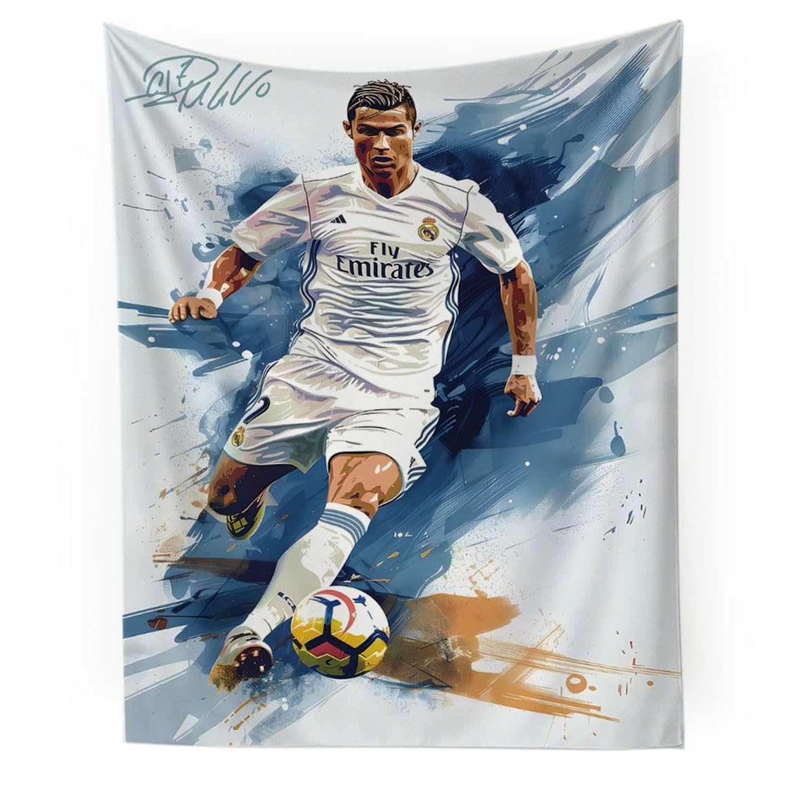 Cristiano Ronaldo World Cup Soccer Tapestry for Teens Fans - Single-Sided HD Fade-Resistant Print, Machine Washable Polyester, 4 Corner Grommets, Indoor Wall Decor for Bedroom/Living Room, 35.4x47.2 Inches (White)